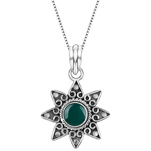 Giva Oxidised Silver Green Star Pendant With Box Chain For Women