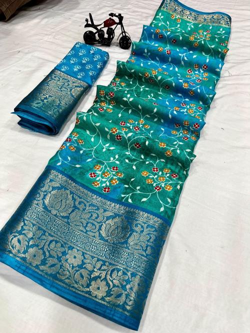 VIBRANCE Banaras Silk Shalu Saree With Contrast Blouse Piece For Women (Blue)