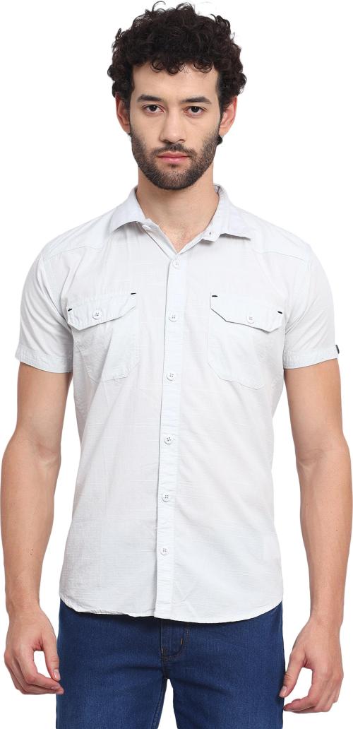 CVC Men Grey Self Design Pure Cotton Regular Fit Curved Collar Casual Shirt (38)