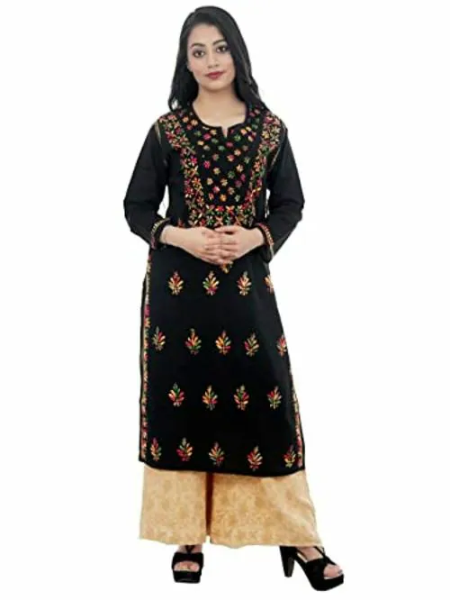 Thread Fiesta Women Black Pure Cotton Lucknowi Chikankari Kurta - XXL