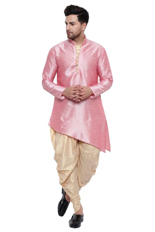 ONNIX Men Pink Solid Dupion Silk Kurta Dhoti Set
