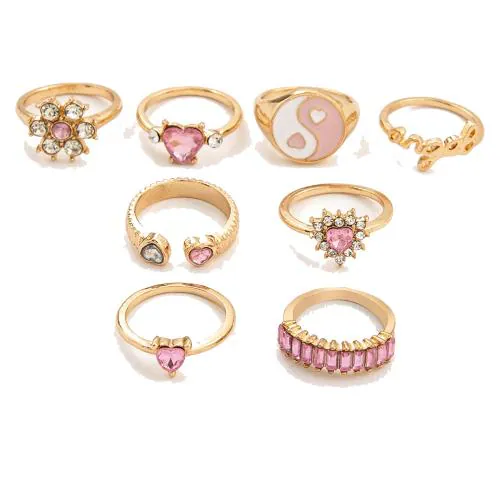 Fashion Frill Ring For Girls Golden Ring AD Studded Heart Multi Designs Gold Plated Boho Ring Finger Ring Set For Women Girls Jewellery Valentine Ring Combo Set