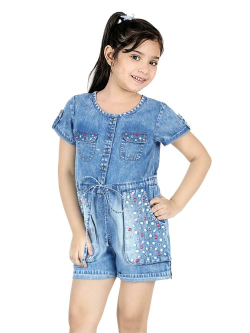 Naughty Ninos Girls Blue Floral Emboidered Jumpsuit