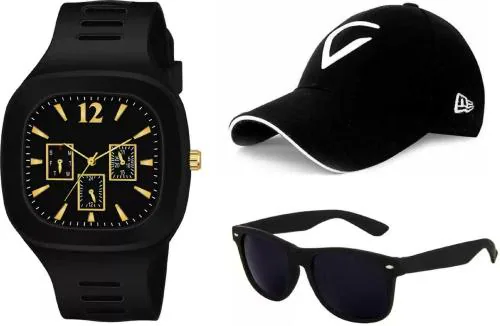 Selloria Analog Black Dial and Strap Watch with Virat Kohli Inspired Baseball Round Cap and Wayfarer Sunglass for Boys