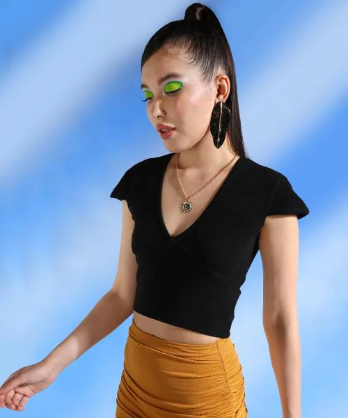 Popwings Women Casual Self Design Black Deep V Neck Mega Sleeve Crop Top | Women Tops | Women Latest Tops | Women Stylish Tops