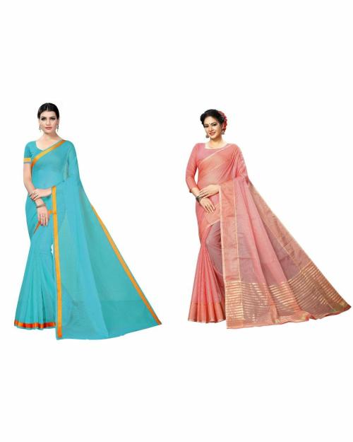 VKARAN Women's Light Blue & White Colour Cotton Silk Saree With Blouse pack of 2