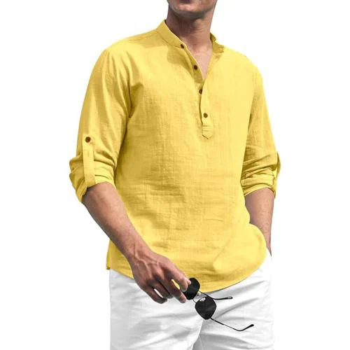 VIDA LOCA Cotton Blend Shirt Style Kurta For Men's (Yellow, XL)