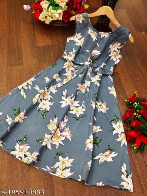 RAFAKHA brand Ankle Length Dress with Flowers in Poly Crepe material for Women and Girls (Grey)