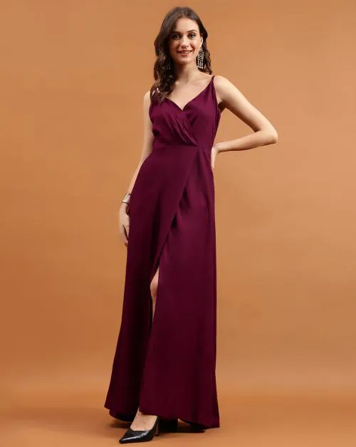 Globon Fashion Women Viscose Rayon Solid Maxi Dress(Burgundy-M)
