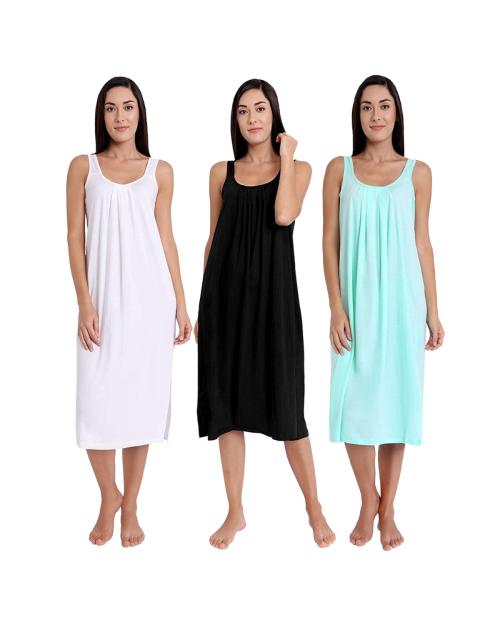 TWGE Cotton Full Length Camisole for Women - Long Inner wear Petticoat - Plus Size Nighty - Kurti and Suit Slip - Pack of 3 (XXX-Large, White-Aqua-Black)