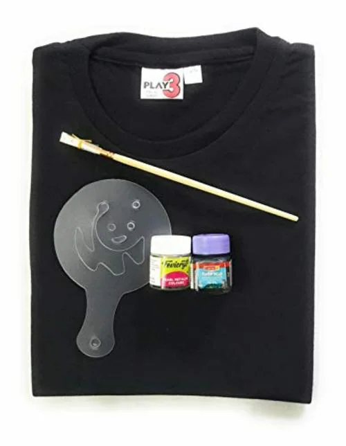 NK Boys and Girls Black Cotton T-Shirt with Fabric Paints, Paint Brush and Stencils Combo Set