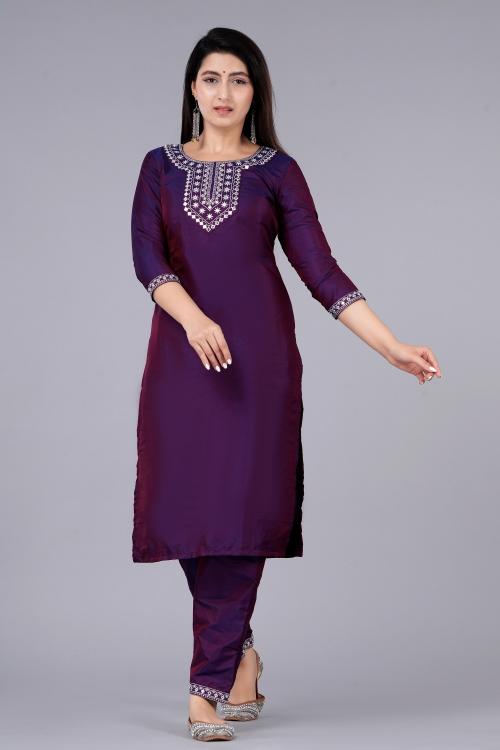 EXPORTHOUSE Silk Purple Straight Embroidered kurta with Pant Set