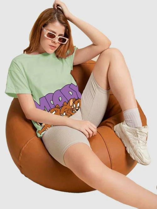 TOM & JERRY X BEWAKOOF MERCHANDISE Women's Moody Jerry Green Graphic Print Round Neck Half Sleeve Boyfriend Fit T-Shirt