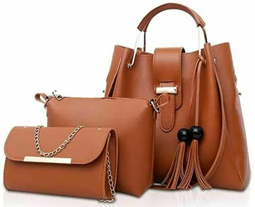 Hercraft Handbag For Women. Combo Of Set Of 3 Bags(1 Main Handbag, 1 Sling Bag, 1 Sider Bag). Brown