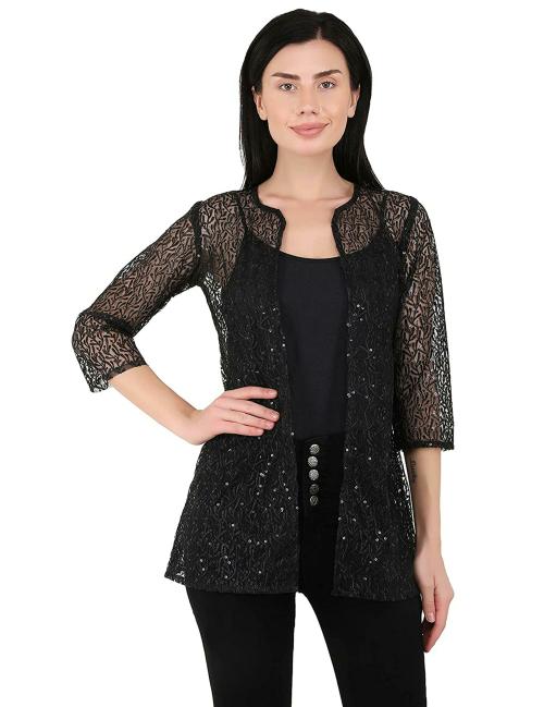 UNFAKENOW Women Black Embroidered Net Shrug (4XL)