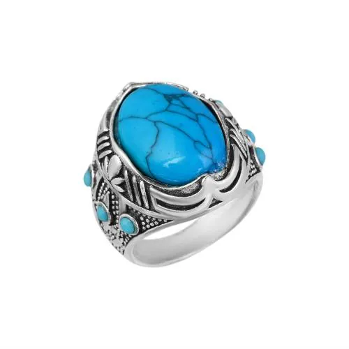 Memoir Silver plated Antique finish Faux Turquoise (Firoza) finger ring Men Women (ORMI5698)