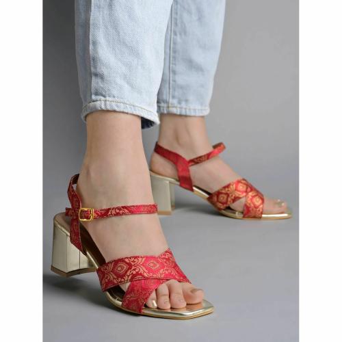 Shoetopia Gold-Toned Printed Design Red Block Heeled Sandals For Women & Girls