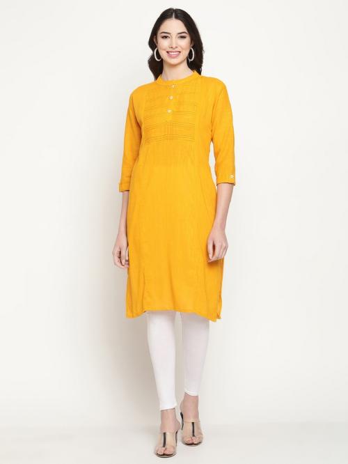 Queenley Women's Yellow Cotton Straight Knee Length Kurti