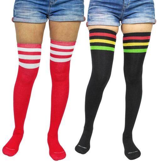 Neska Moda Women's 2 Pair Striped Cotton Thigh-High Stockings (Red, Black)