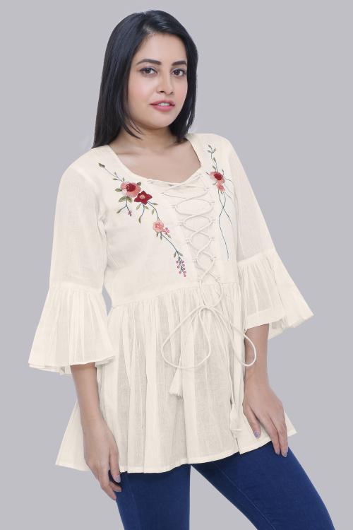 YOELLA Women Hand embroidery Work V- Neck Flored Tunic