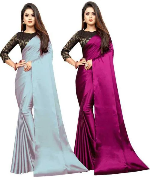 Aruna Sarees Solid/Plain Bollywood Satin Saree (Pack of 2, Purple, Grey)