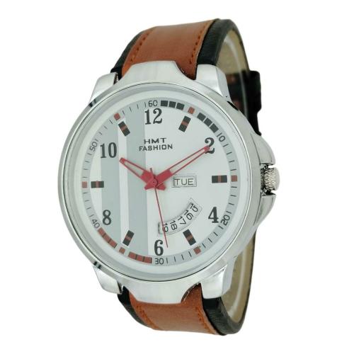 HMT FASHION Round Day Date Dial Quartz Movement Stainless Steel Watch Leather Strap Watch for Man and Boys (HMTF-SW1910BR)