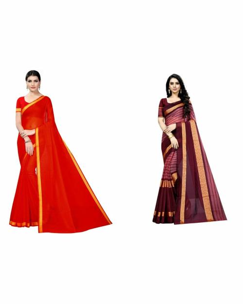 Vkaran Women's Red & Maroon Colour Cotton Silk Saree With Blouse pack of 2