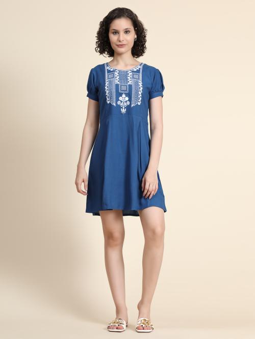 ZARIMO Women's Blue Indian Rayon Fit and Flare Dress