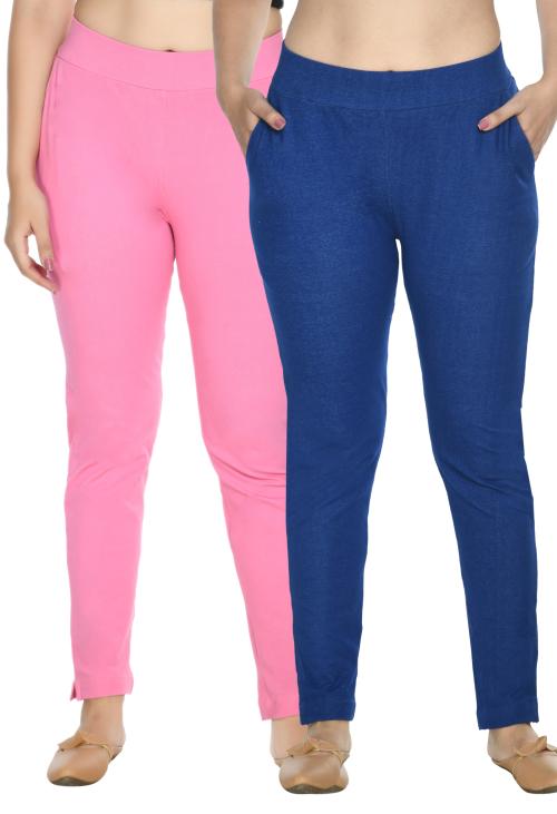 PREEGO Women Baby Pink & Royal Blue Solid jeggings