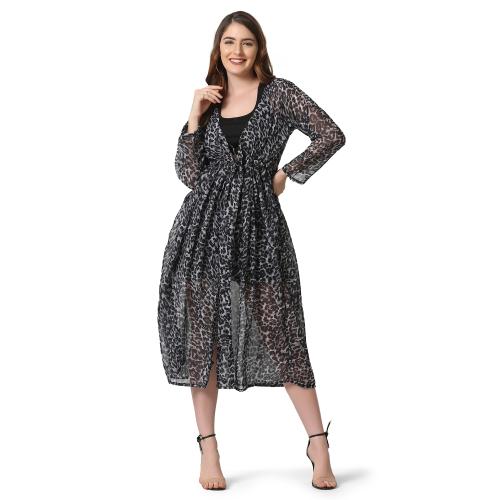 BuyNewTrend Black Georgette Leopard Print Long Women Shrug
