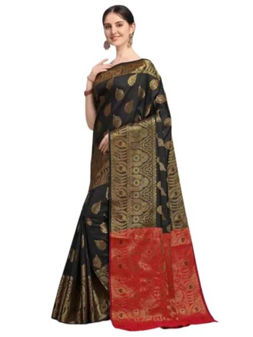 DHANSHVI Women Black Silk Banarasi Saree With Rich Pallu, Tassels With Contrast Blouse (5.5 Mtr)