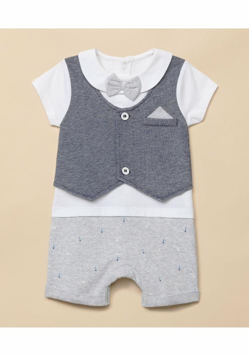 Boys Half Sleeves Romper Mock Waistcoat And Bow Detail - Blue White