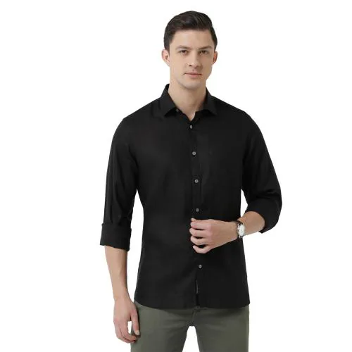 Linen Club Men's Pure Linen Black Solid Regular Fit Full Sleeve Casual Shirt