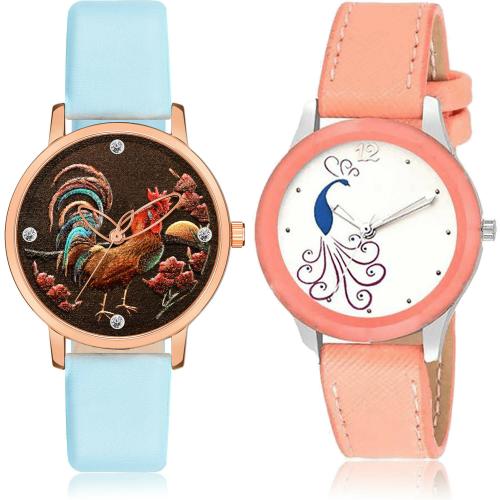 NEUTRON Latest Model Rooster Or Cock And Peacock Blue And Red Colour Analog Genuine Leather Belt 2 Watch Combo For Women And Girls - GM370-G273