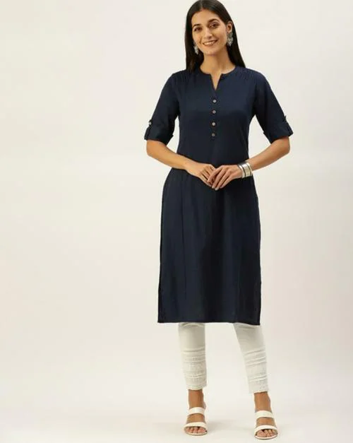 VEDIC Women Blue Cotton Straight Kurta (XL)