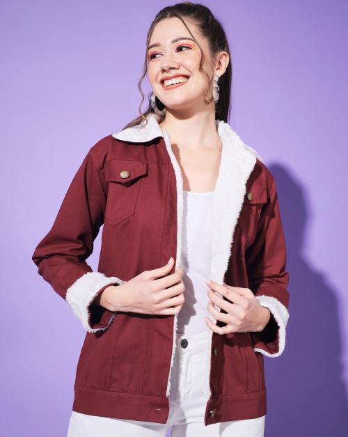 BuyNewTrend Maroon Twill Denim Long Women Fur Winter Coat