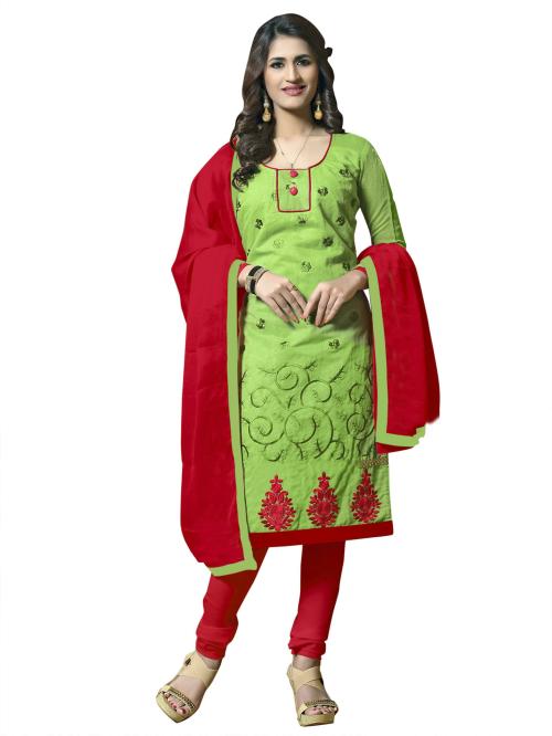 Manvaa Women Green Embroidered Cotton Semi-Stitched Dress Material