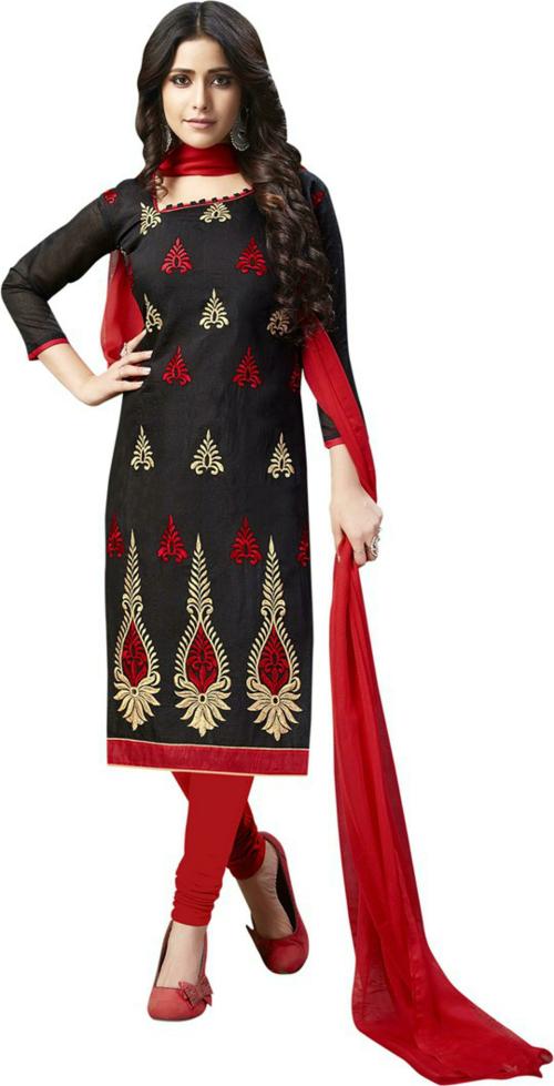 Sainoor Women Free Size Black Embroidered Cotton Blend Unstitched Dress Material