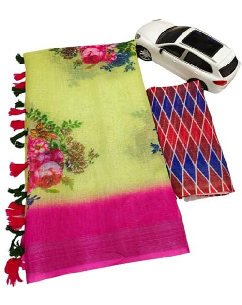 Planborn Women's Linen Floral Printed Saree With Blouse Piece