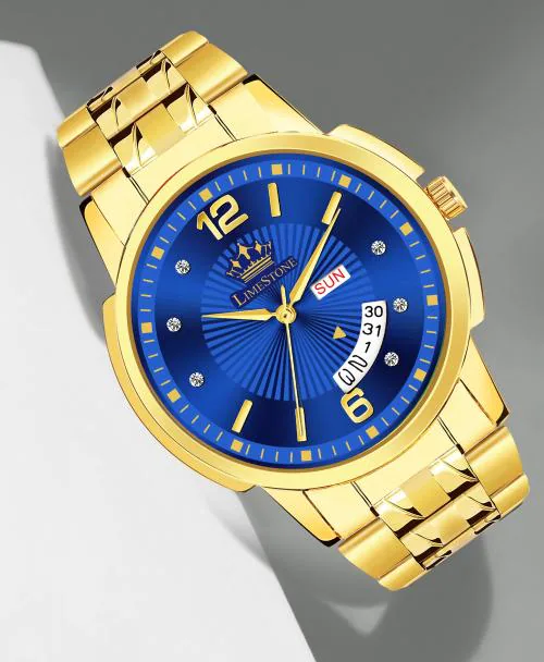 LIMESTONE Day & Date Original HMTS Gold Plated Adjsutable HMTS Bracelet Quartz Analog Watch - For Men(LS3278)