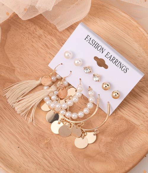 Vembley Combo of 6 Pair Gold Plated Tassel Pearl Hoop and Stud Earrings