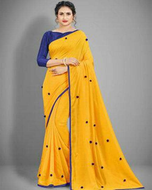 Rajshree Women Yellow Synthetic Saree with Pom-Pom Accent