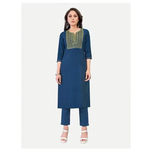 RITI Women Peacock Blue Embroidery Yoke Work Kurta-M