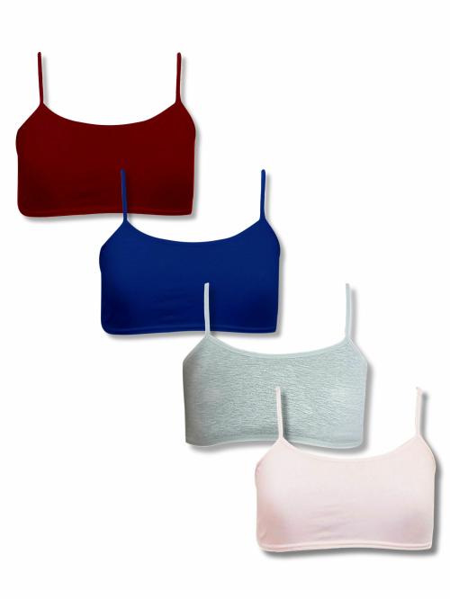 Dchica Girls Thin Strap Single Layered Starter Bra | Pack of 4 Grey, Royal Blue, Maroon & Pink Bra