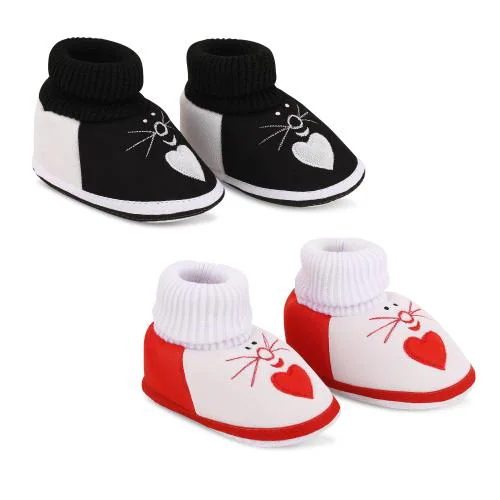 SMARTOTS Newborn Baby Shoes Booties, Combo Set Pack of 2 Soft Skin-Friendly Baby Socks Shoes for 6-9 Months Baby Boys/Girls Color-Black & White