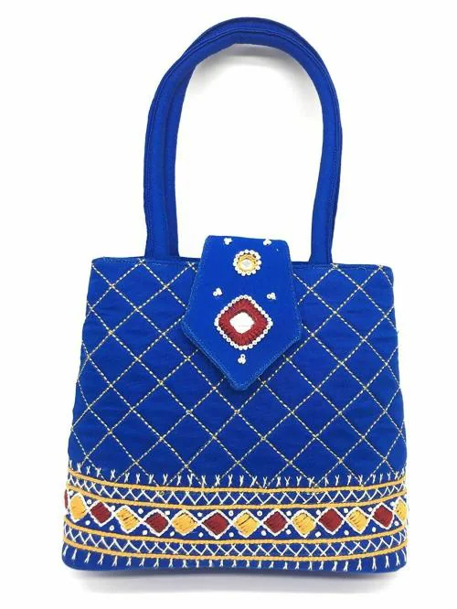 SriAog Handicrafts Women Hand held bag Small Size designer handmade Mini hand purse small size for girls Blue Color (7.5x.7x2.5 Inch original Beads Thread Work)