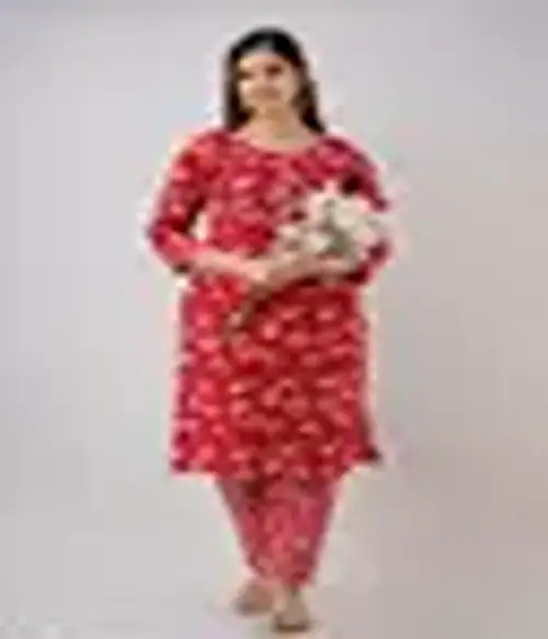Ngised Women Kurti Suit Set-22-Size-M-Colour-Red
