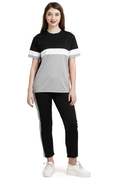 Master'Z Womens Colorblock Silk Top and Pyjama Set/ Night Dress Grey S