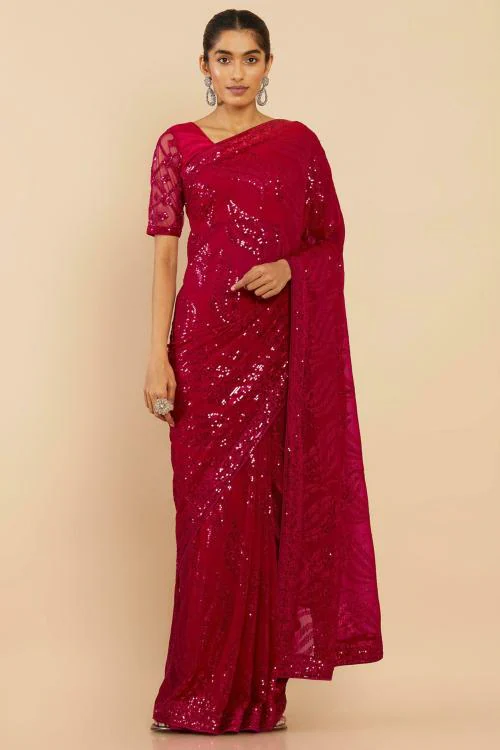 SOCH Women Red Embellished/Sequined Single Saree (Free Size)