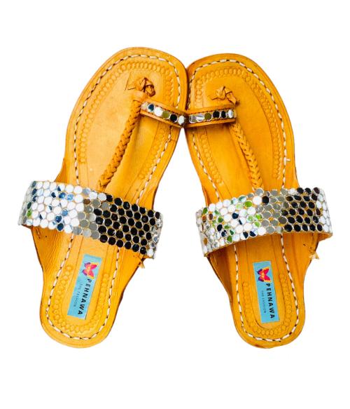 PehnawaCraft Metallic Queen Mirror Kolhapuri Sandals